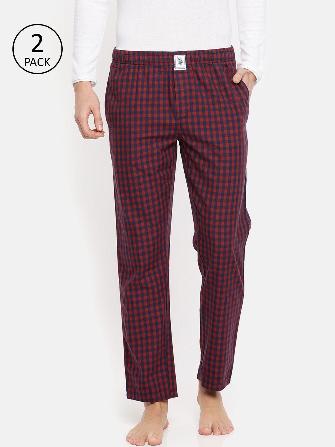 u.s. polo assn. men maroon & navy blue pack of 2 checked lounge pants