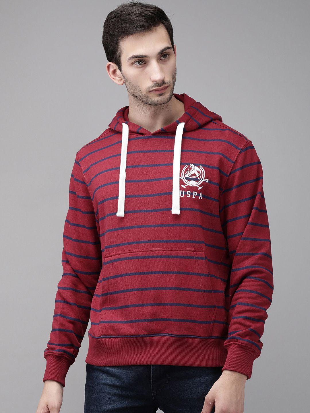 u.s. polo assn. men maroon striped cotton hooded pure cotton pullover sweatshirt