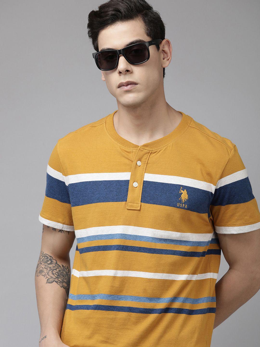 u.s. polo assn. men mustard yellow & blue striped henley neck pure cotton slim fit t-shirt