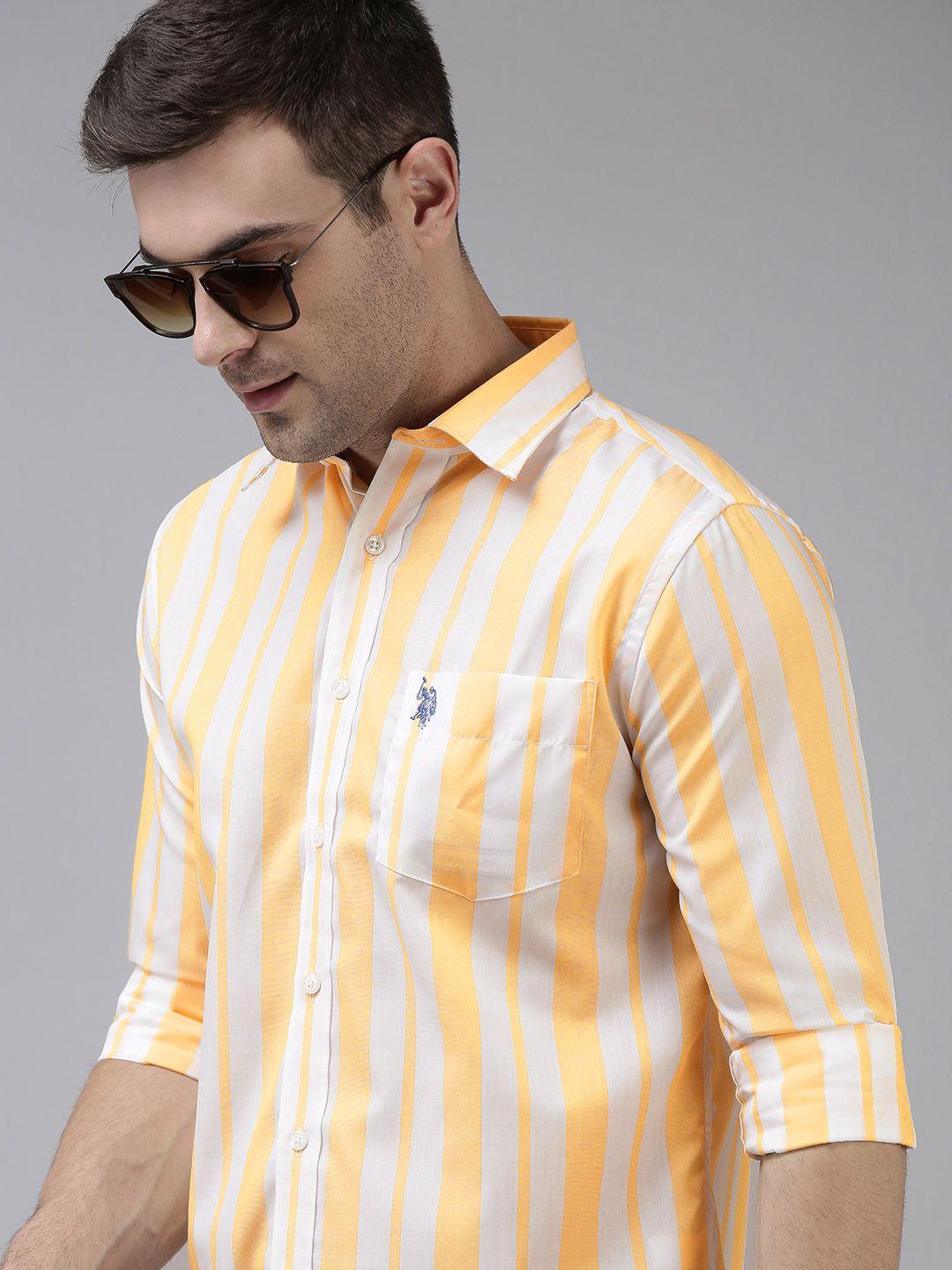 u.s. polo assn. men mustard yellow & white tailored fit striped casual shirt