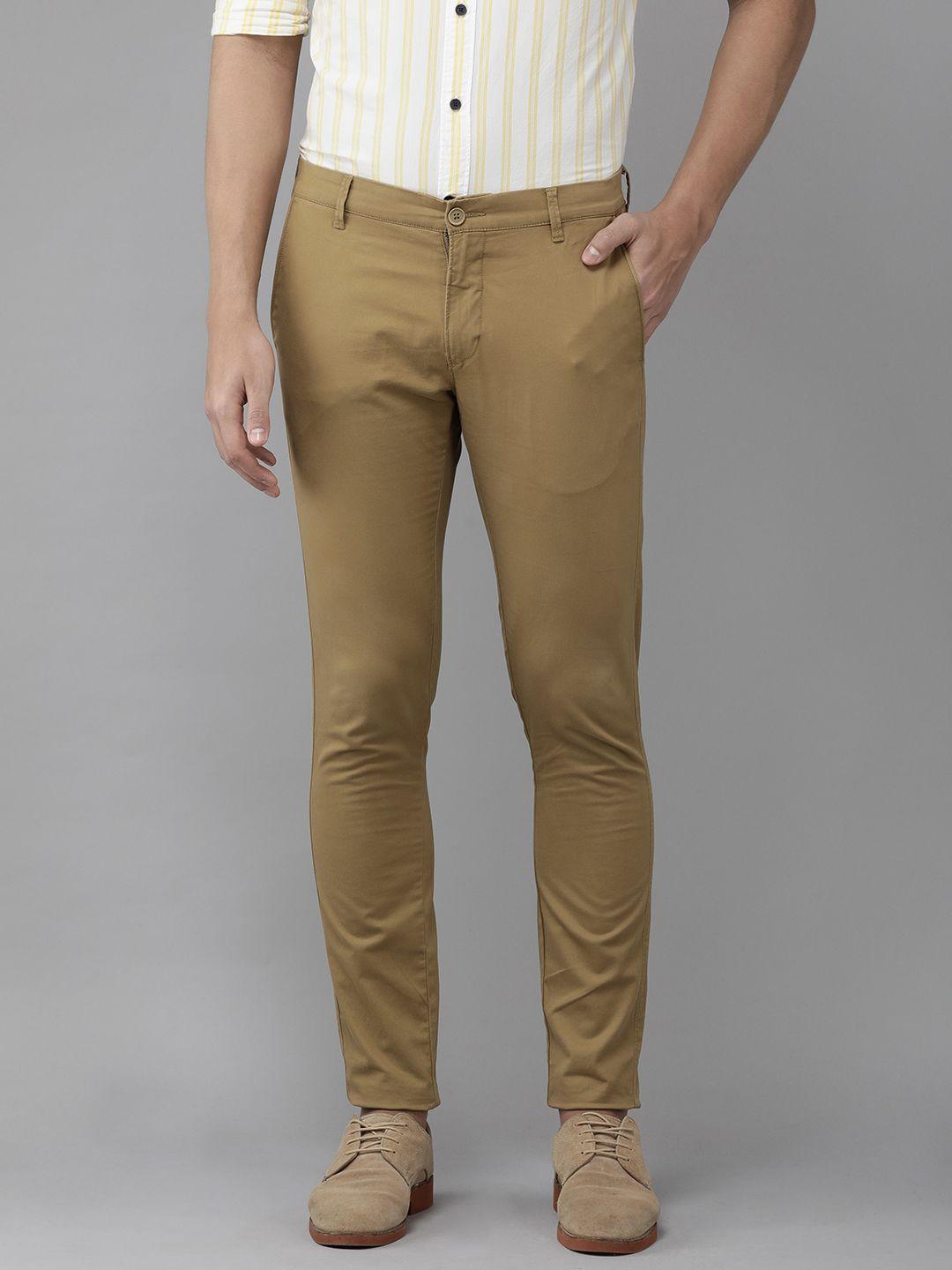 u.s. polo assn. men mustard yellow solid austin trim fit mid-rise flat-front trousers