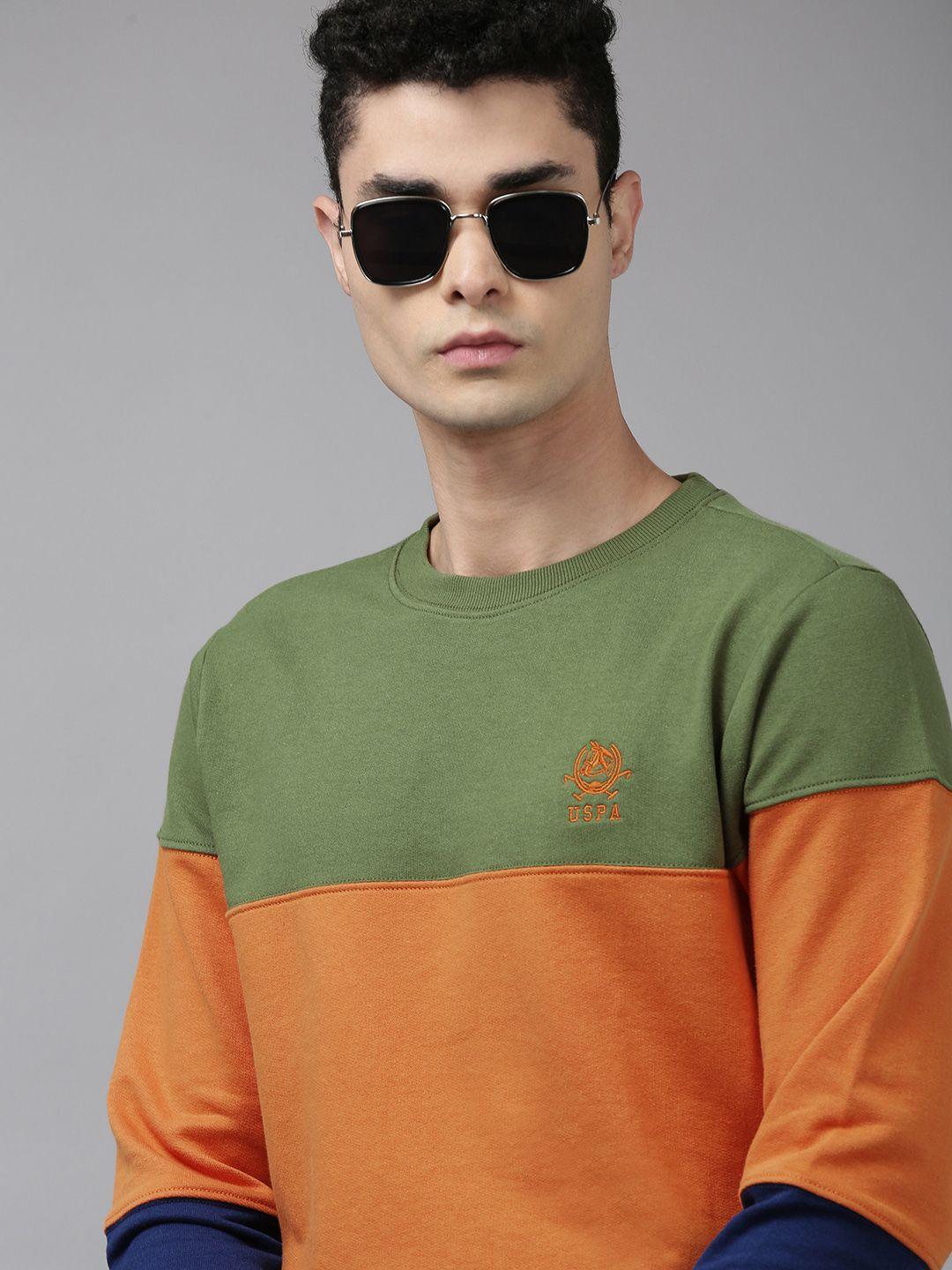 u.s. polo assn. men olive green & orange colourblocked sweatshirt