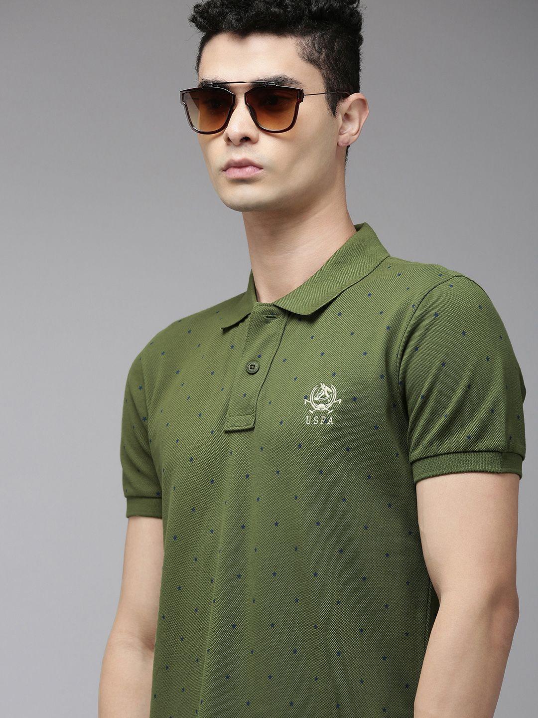 u.s. polo assn. men olive green printed polo collar pure cotton slim fit t-shirt