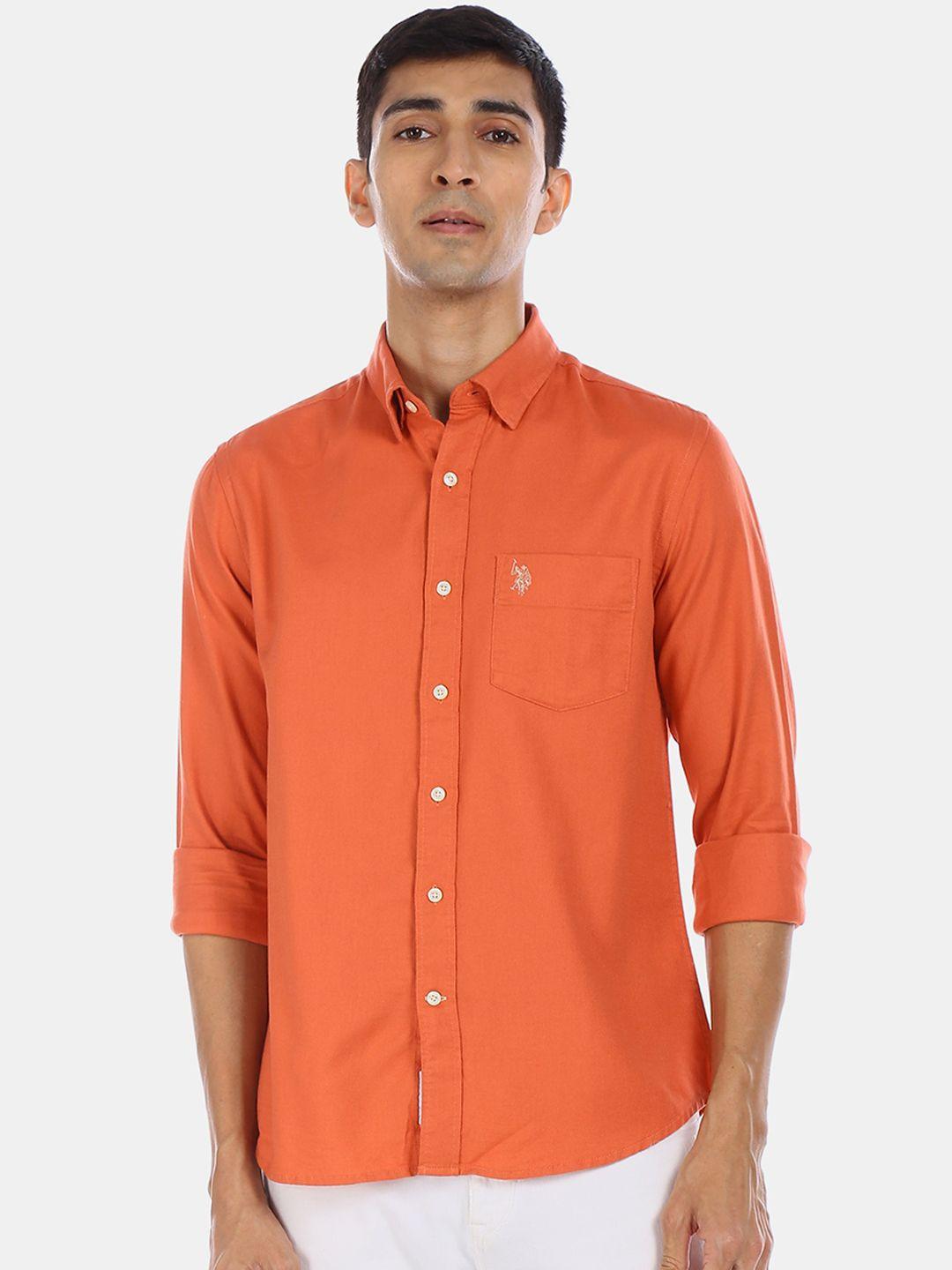 u.s. polo assn. men orange regular fit solid casual shirt