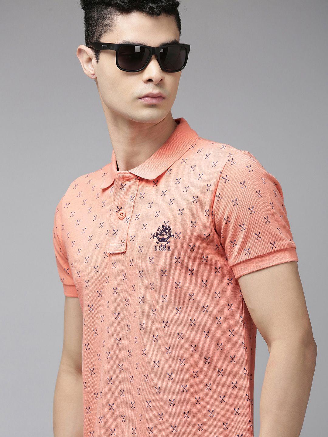 u.s. polo assn. men peach-coloured printed polo collar pure cotton slim fit t-shirt