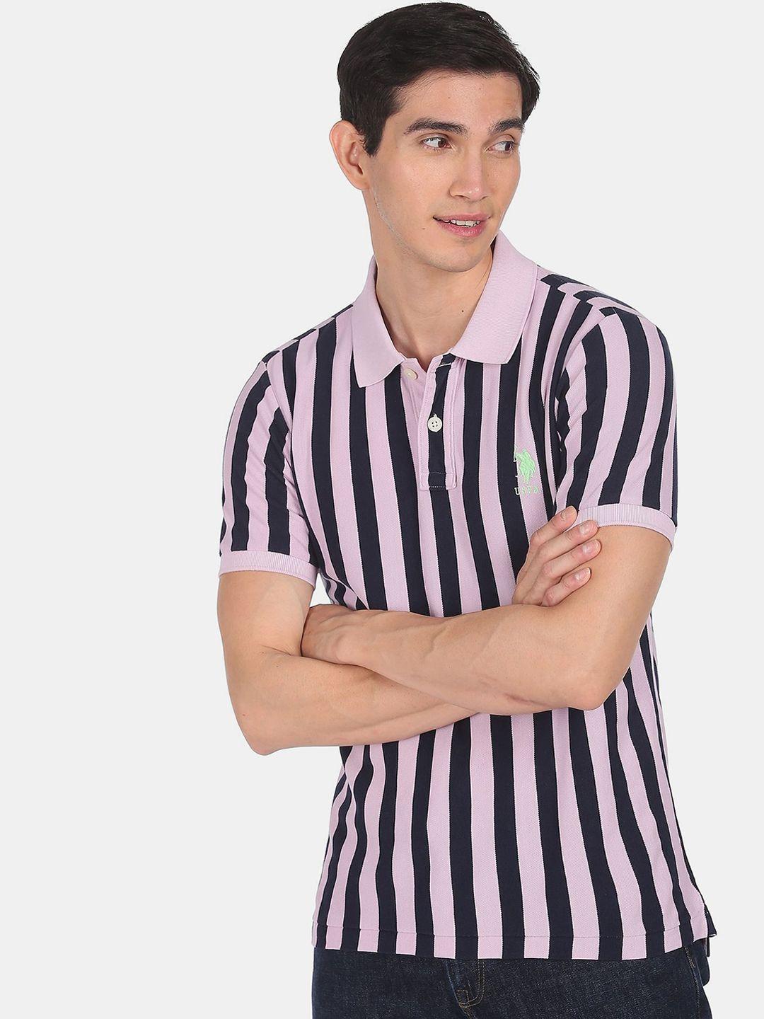 u.s. polo assn. men pink & black striped polo collar t-shirt