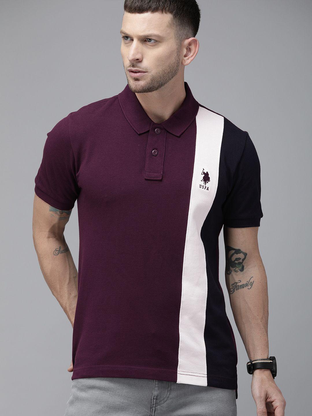 u.s. polo assn. men purple  white colourblocked pure cotton polo collar pure cotton t-shirt