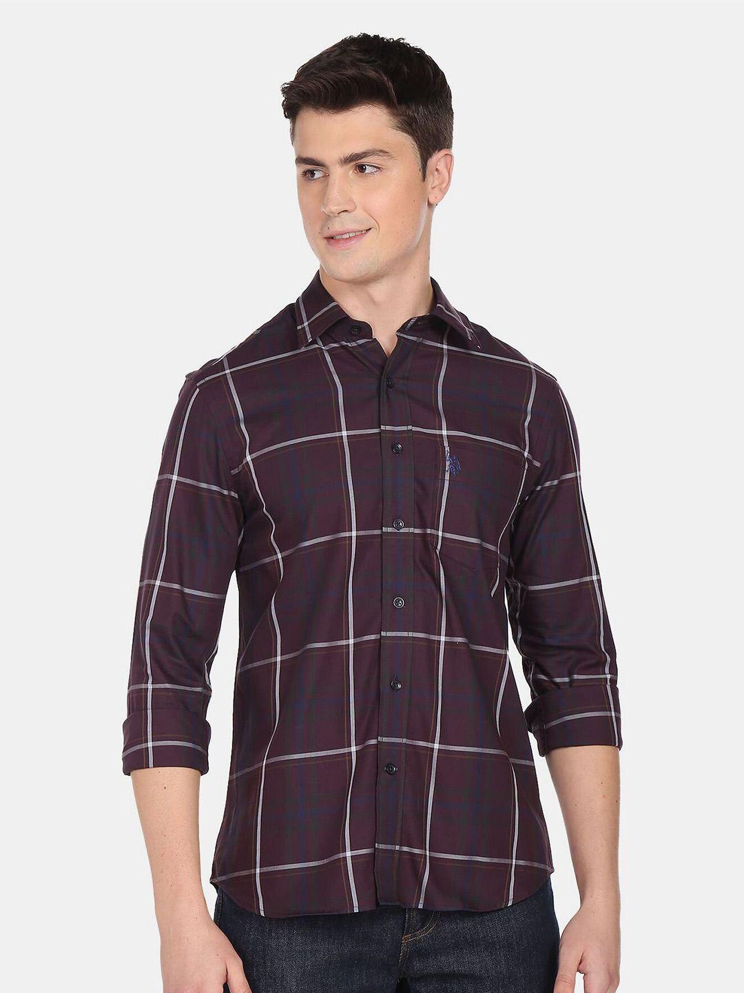 u.s. polo assn. men purple tartan checks pure cotton casual shirt