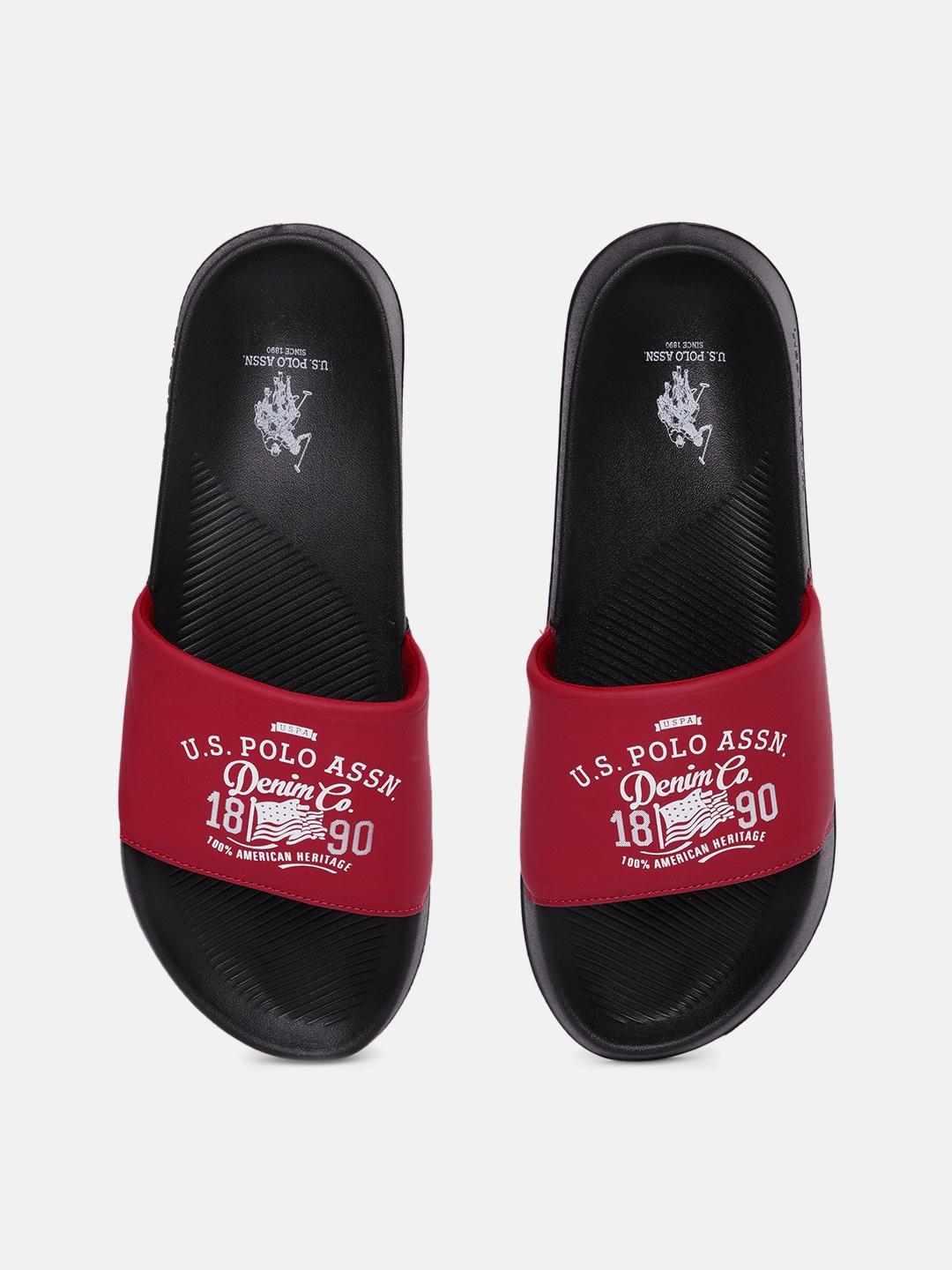 u.s. polo assn. men red & black brand logo printed toplin 4.0 sliders with textured detail