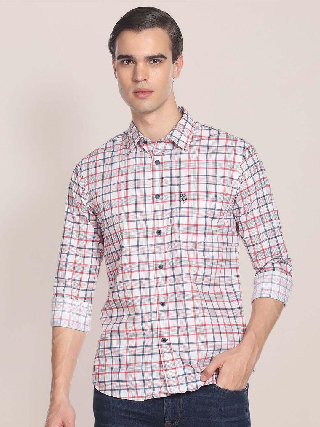 u.s. polo assn. men red & blue pure cotton tailored fit tartan checked casual shirt