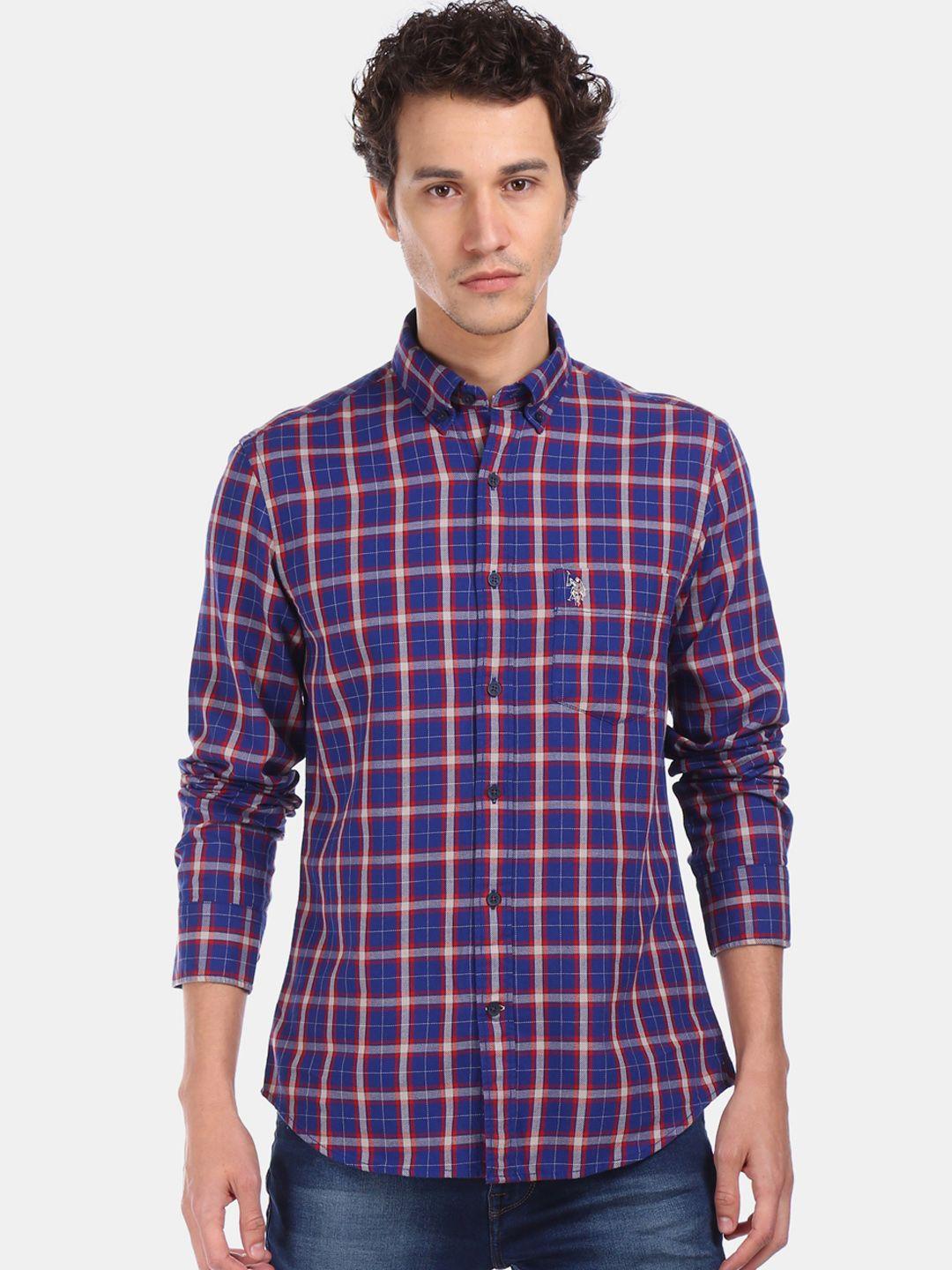 u.s. polo assn. men red & blue regular fit checked casual shirt