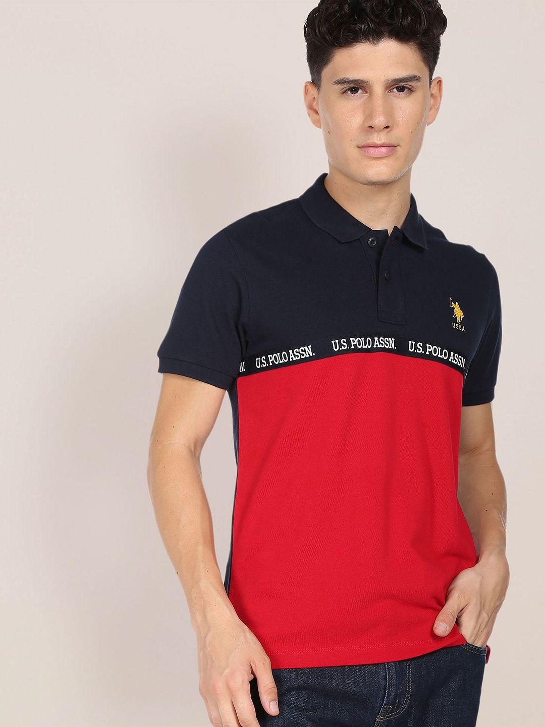 u.s. polo assn. men red & navy blue colourblocked logo tape polo collar cotton t-shirt