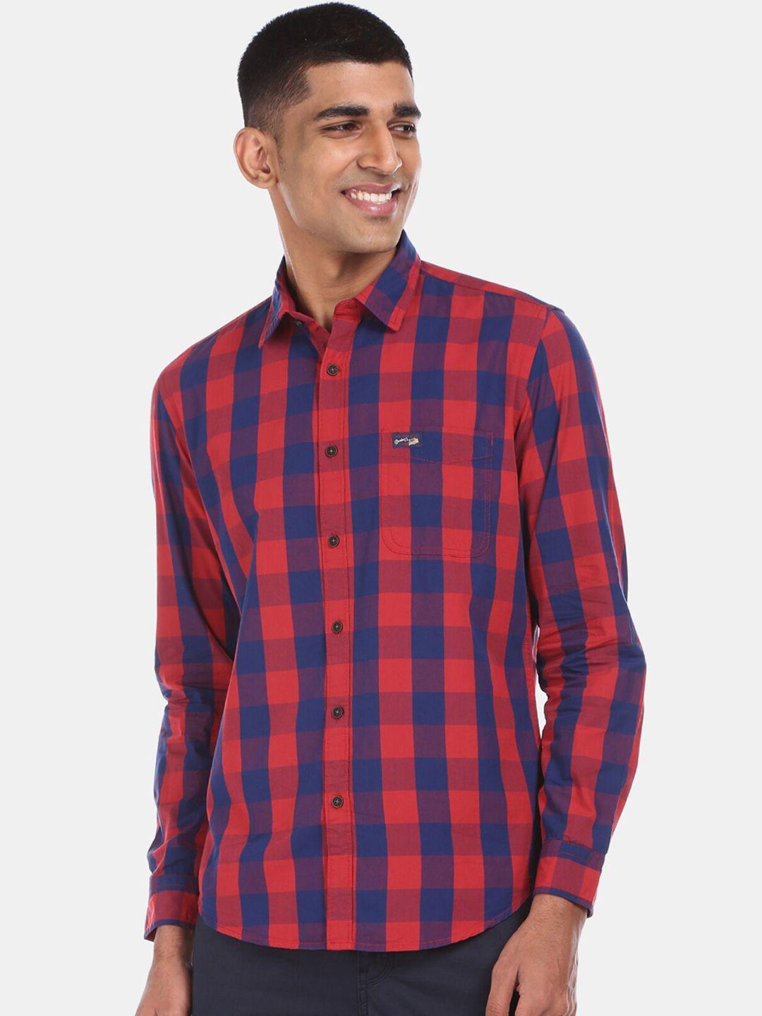 u.s. polo assn. men red & navy blue regular fit checked cotton casual shirt