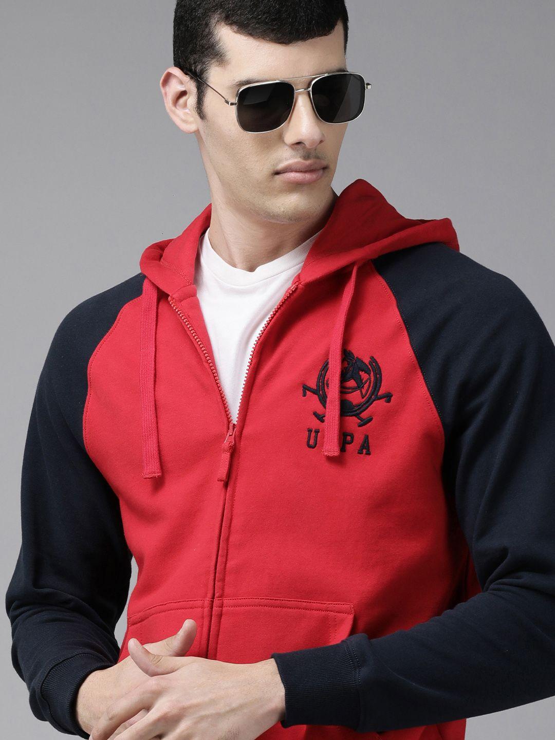 u.s. polo assn. men red  & navy blue colourblocked pure cotton hooded sweatshirt