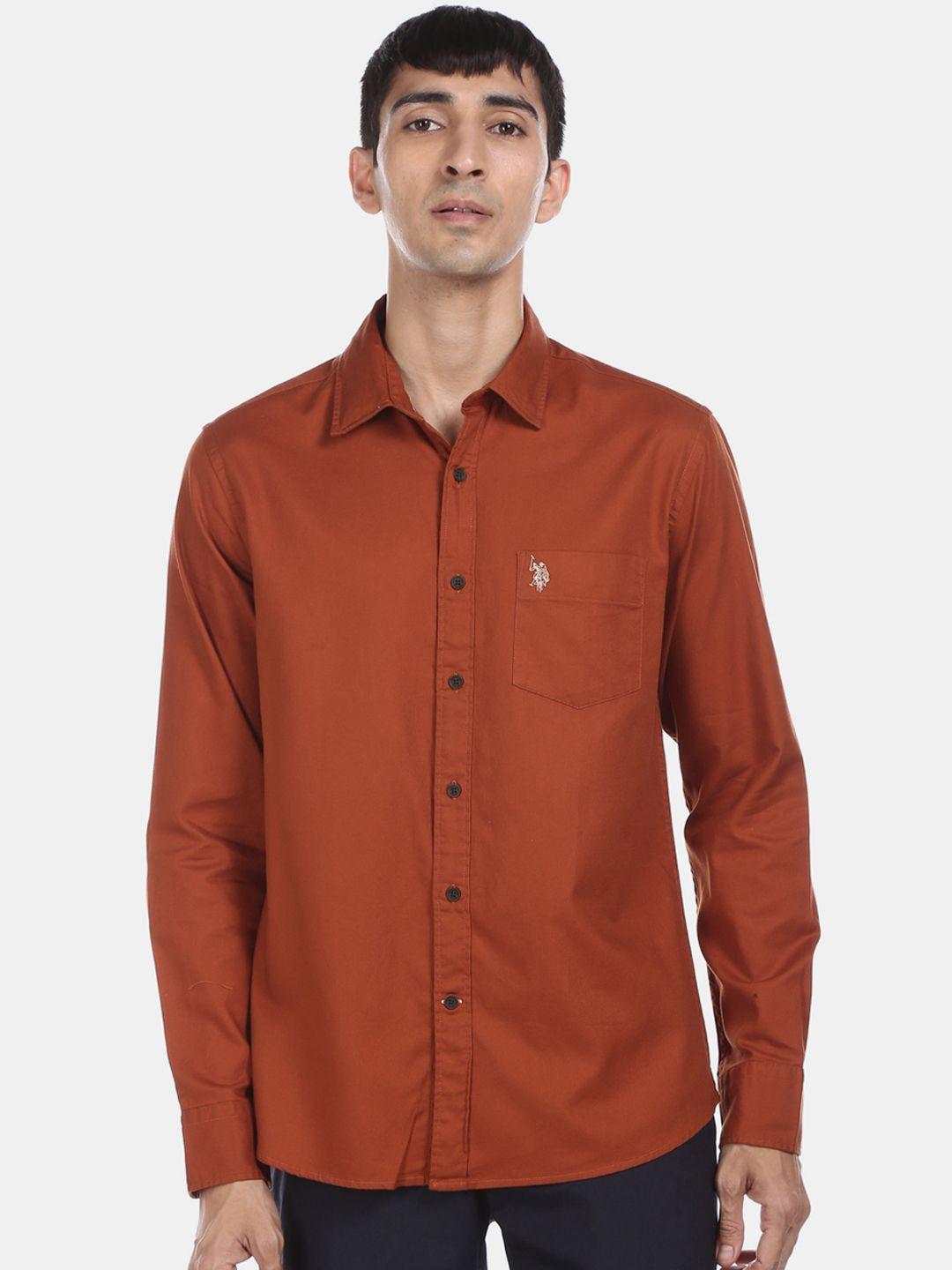 u.s. polo assn. men rust orange regular fit solid cotton casual shirt