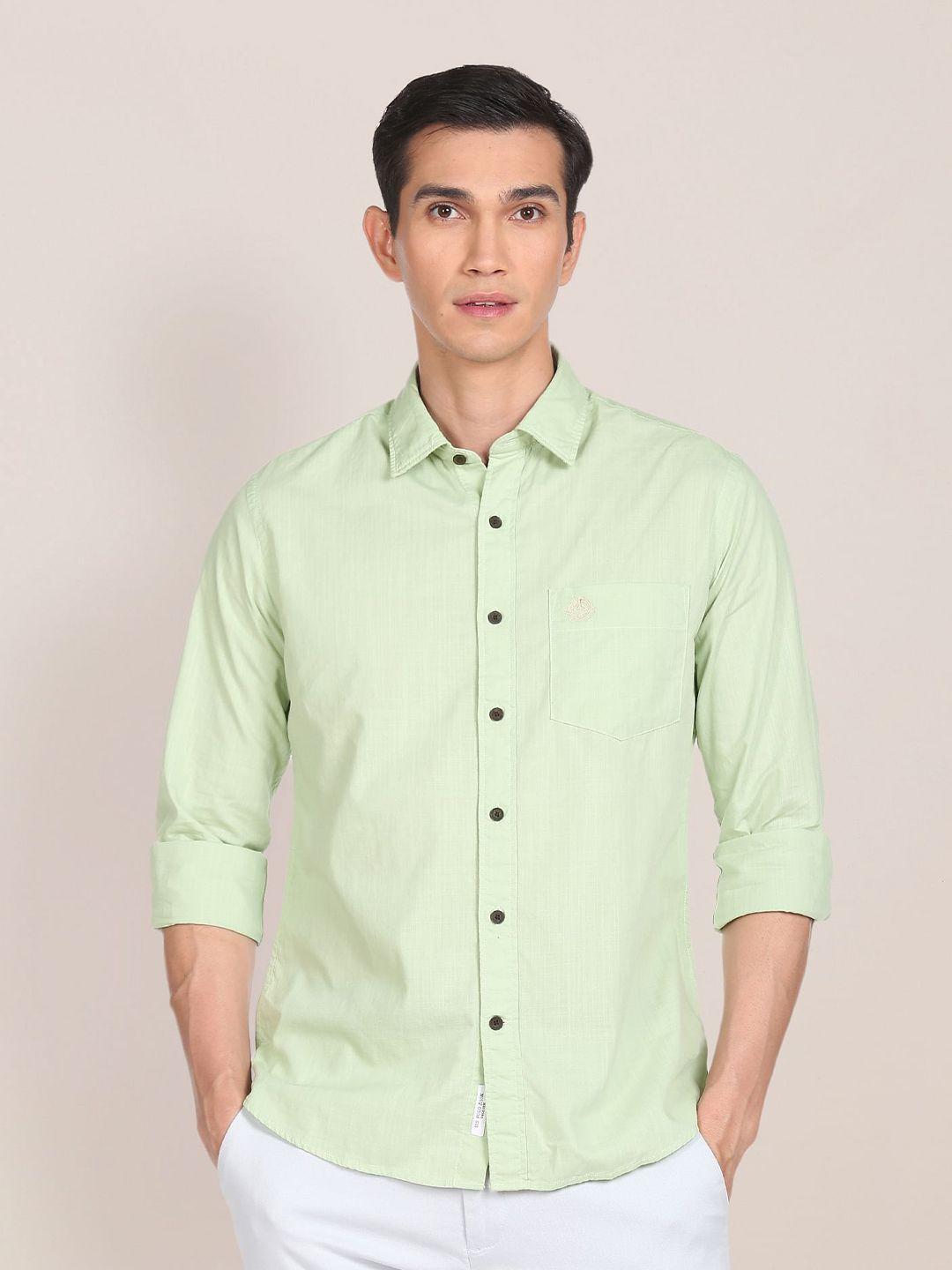 u.s. polo assn. men sage green solid tailored fit cotton casual shirt