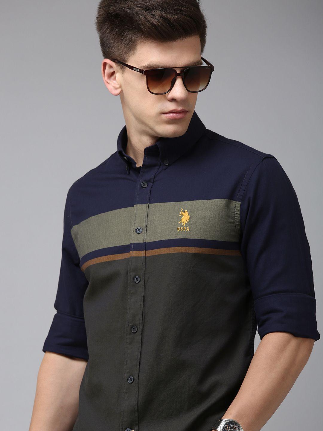 u.s. polo assn. men tailored fit colourblocked pure cotton casual shirt