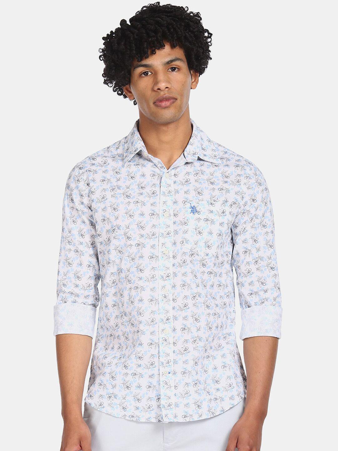 u.s. polo assn. men white & blue regular fit printed pure cotton casual shirt
