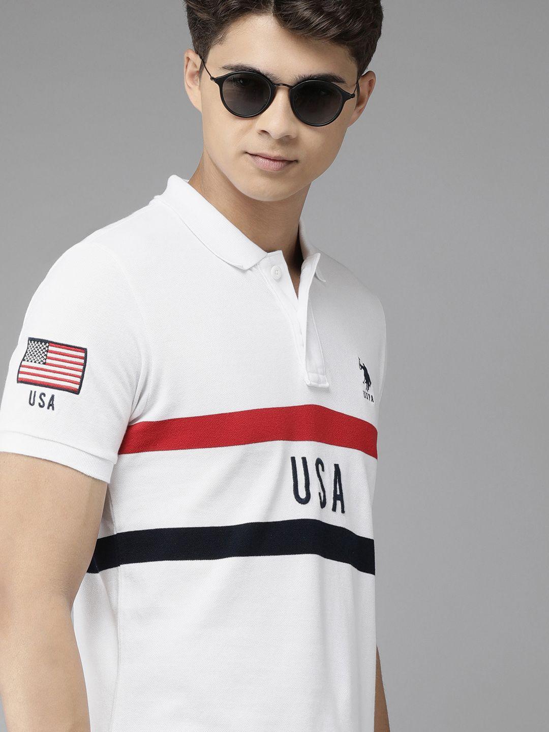 u.s. polo assn. men white brand logo striped pure cotton polo collar slim fit t-shirt