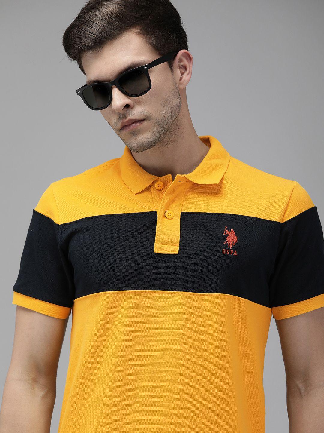 u.s. polo assn. men yellow & navy blue colourblocked polo collar slim fit t-shirt