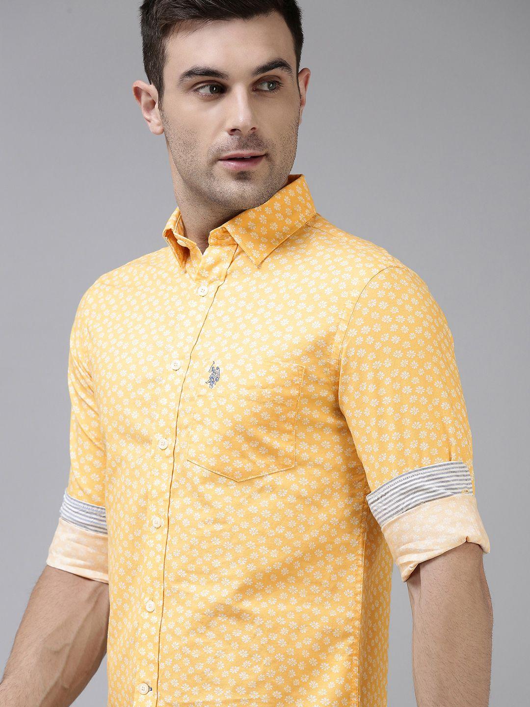 u.s. polo assn. men yellow & white tailored fit floral printed pure cotton casual shirt