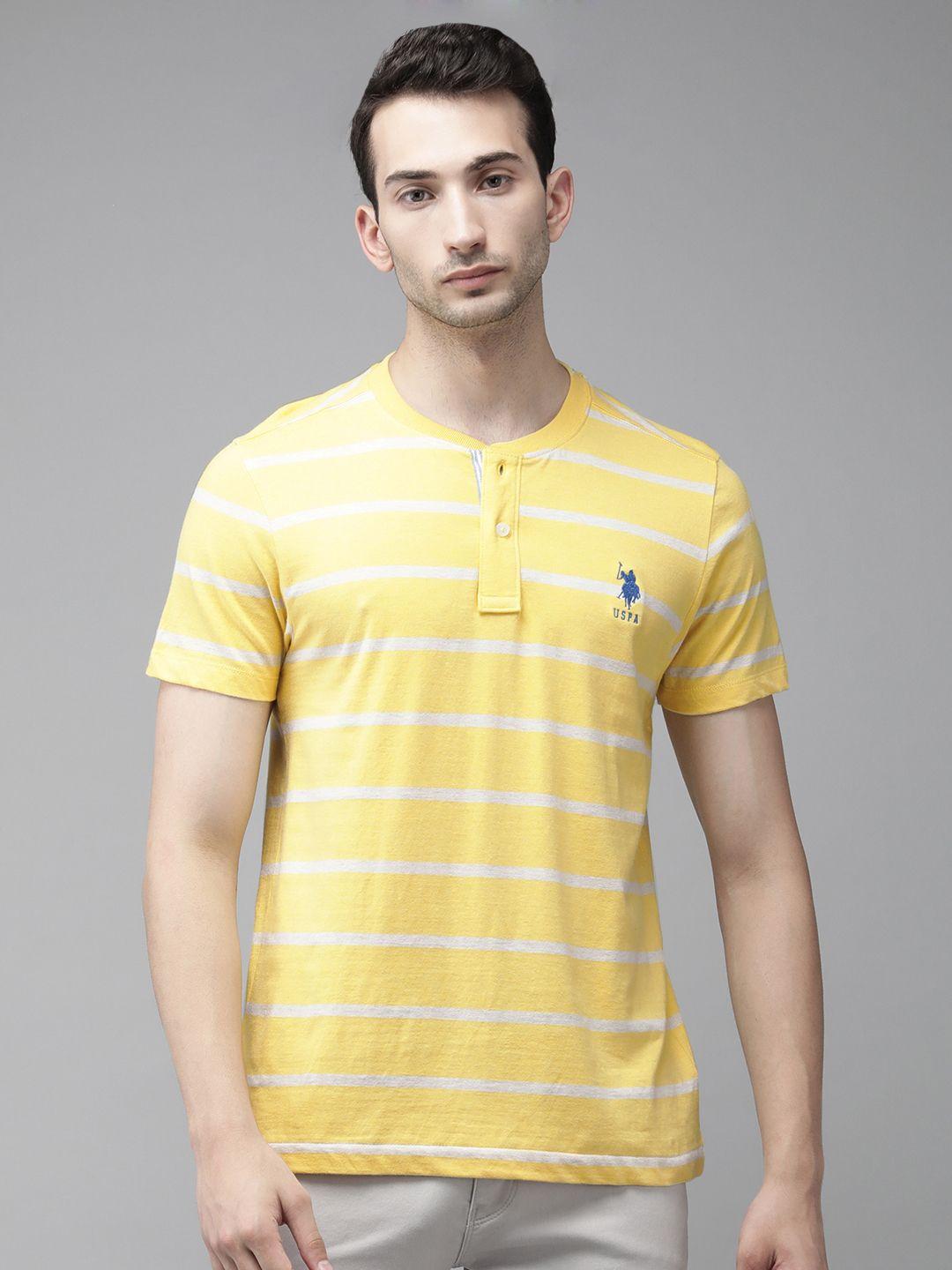 u.s. polo assn. men yellow  white striped henley neck pure cotton t-shirt