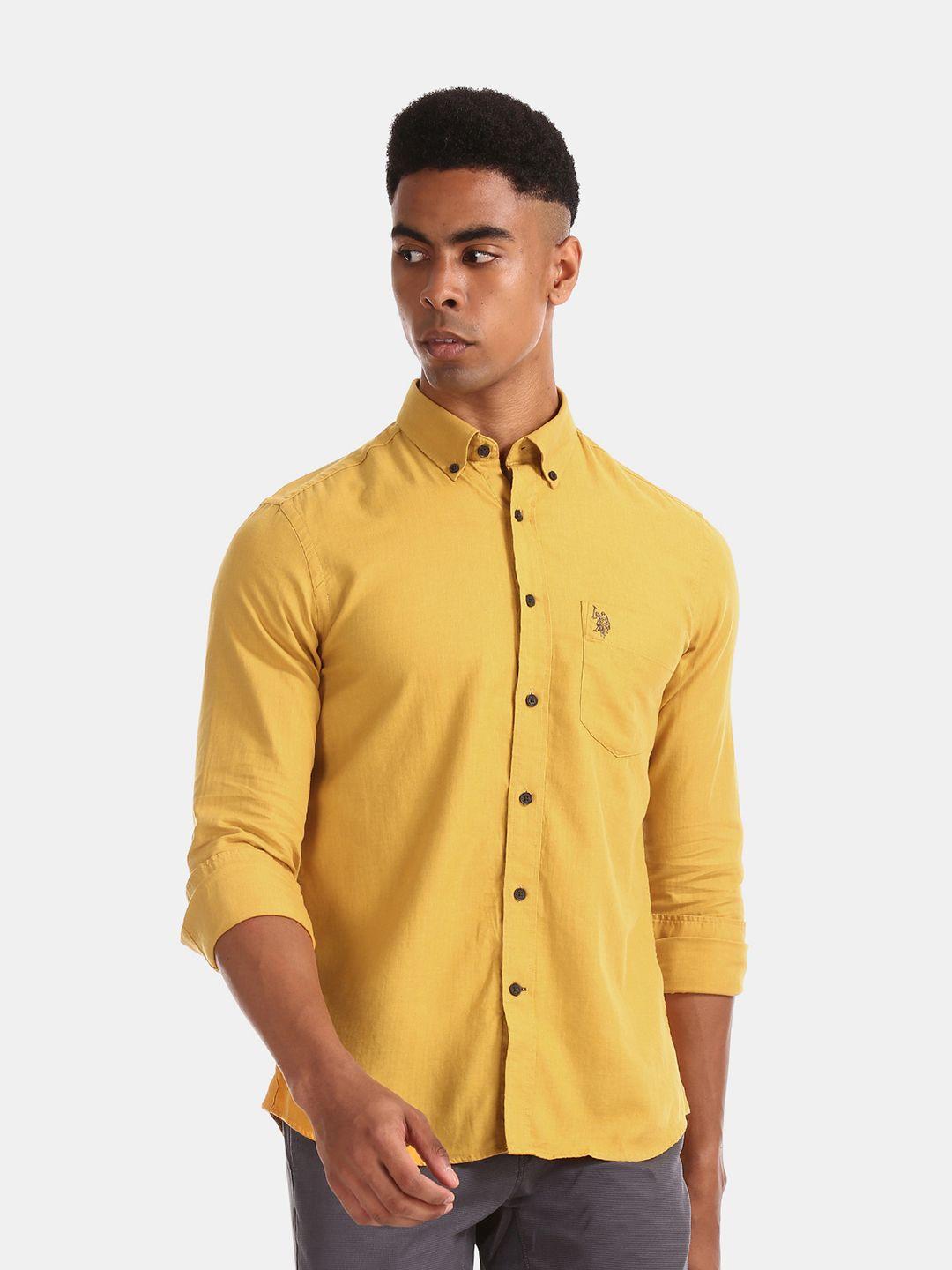 u.s. polo assn. men yellow regular fit solid casual shirt