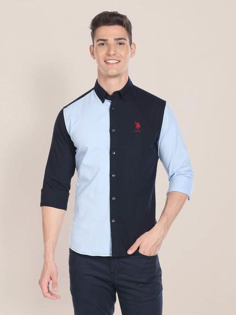 u.s. polo assn. navy & sky blue slim fit cotton shirt