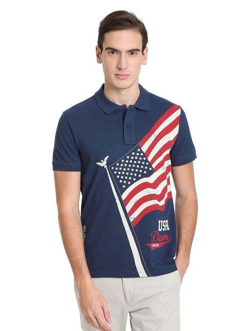 u.s. polo assn. navy blue cotton regular fit printed polo t-shirt