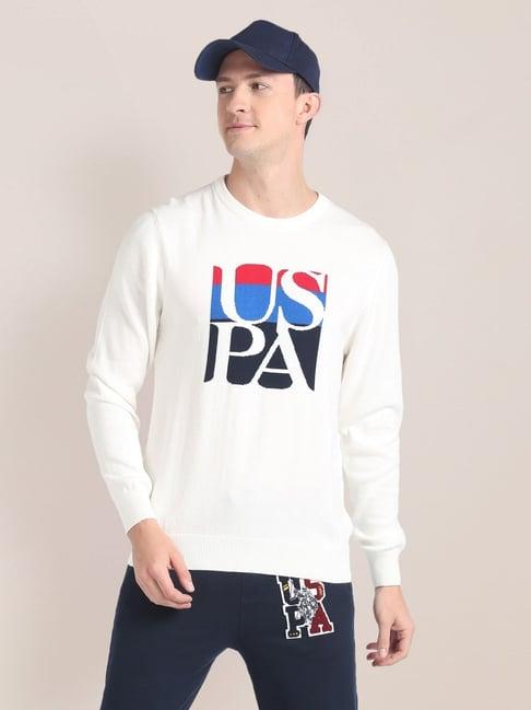 u.s. polo assn. off-white cotton regular fit self pattern sweater