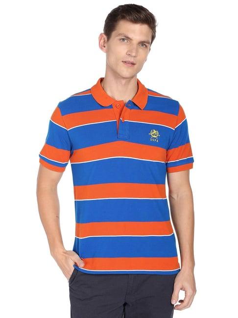 u.s. polo assn. orange and blue cotton regular fit striped polo t-shirt