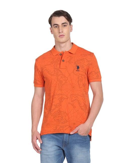 u.s. polo assn. orange cotton regular fit printed polo t-shirt