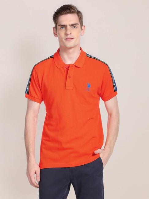 u.s. polo assn. orange cotton slim fit printed polo t-shirt