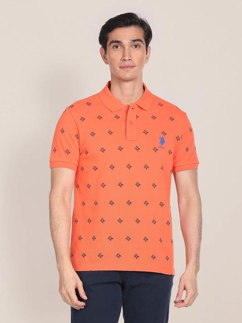 u.s. polo assn. orange slim fit printed cotton polo t-shirt