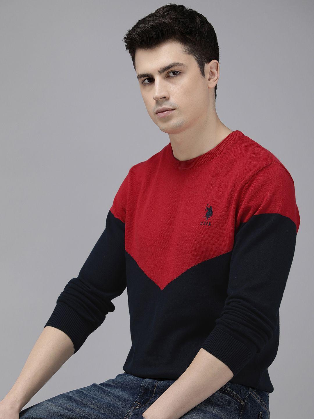 u.s. polo assn. pure cotton full sleeves round neck colourblocked sweaters