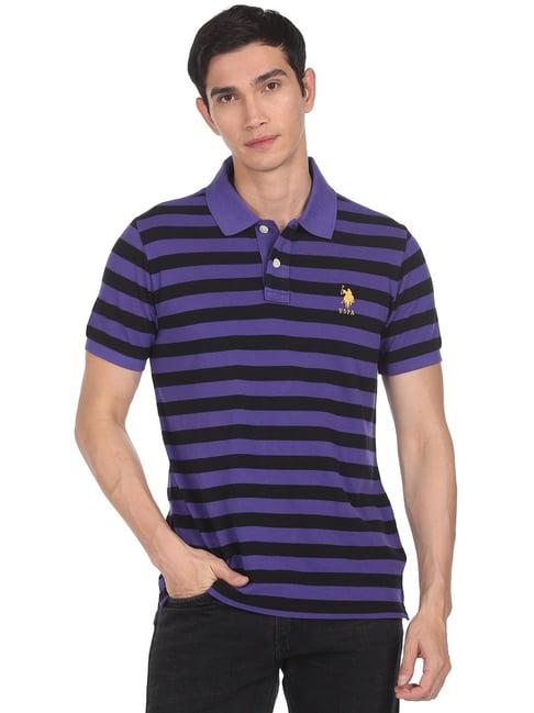 u.s. polo assn. purple & black cotton regular fit striped polo t-shirt