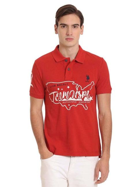 u.s. polo assn. red cotton regular fit printed polo t-shirt