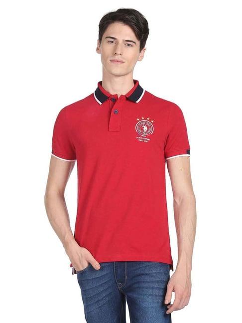 u.s. polo assn. red cotton regular fit printed polo t-shirt