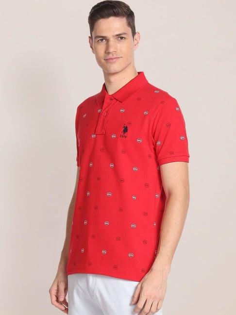 u.s. polo assn. red cotton slim fit printed polo t-shirt