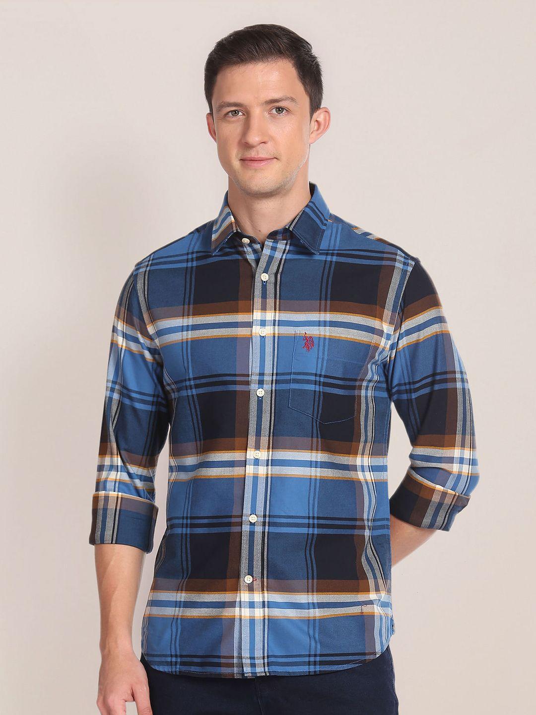 u.s. polo assn. regular fit tartan checks spread collar long sleeves cotton casual shirt