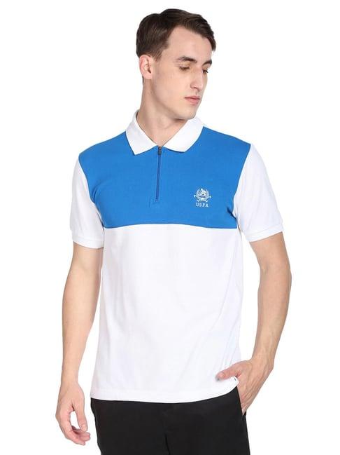 u.s. polo assn. white & blue cotton regular fit colour-block polo t-shirt