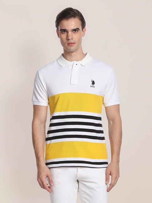 u.s. polo assn. white & yellow cotton regular fit striped polo t-shirt