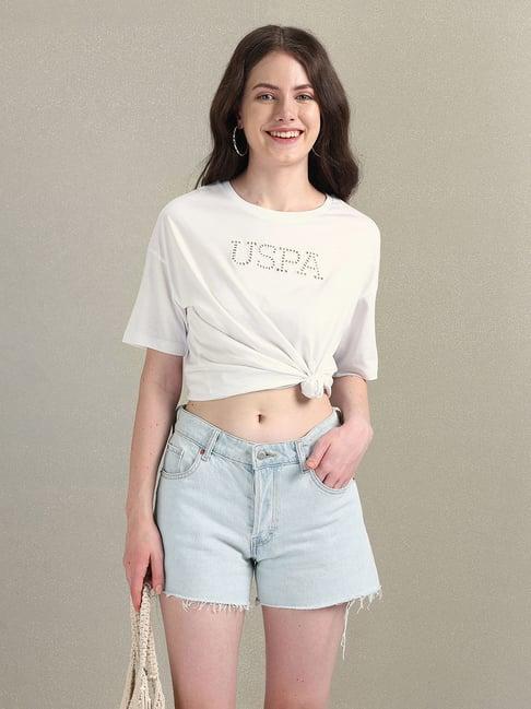 u.s. polo assn. white cotton logo print crop t-shirt