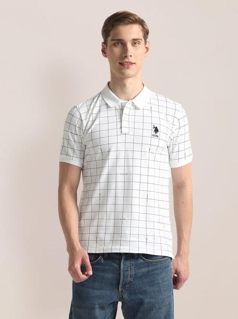 u.s. polo assn. white cotton slim fit checks polo t-shirt