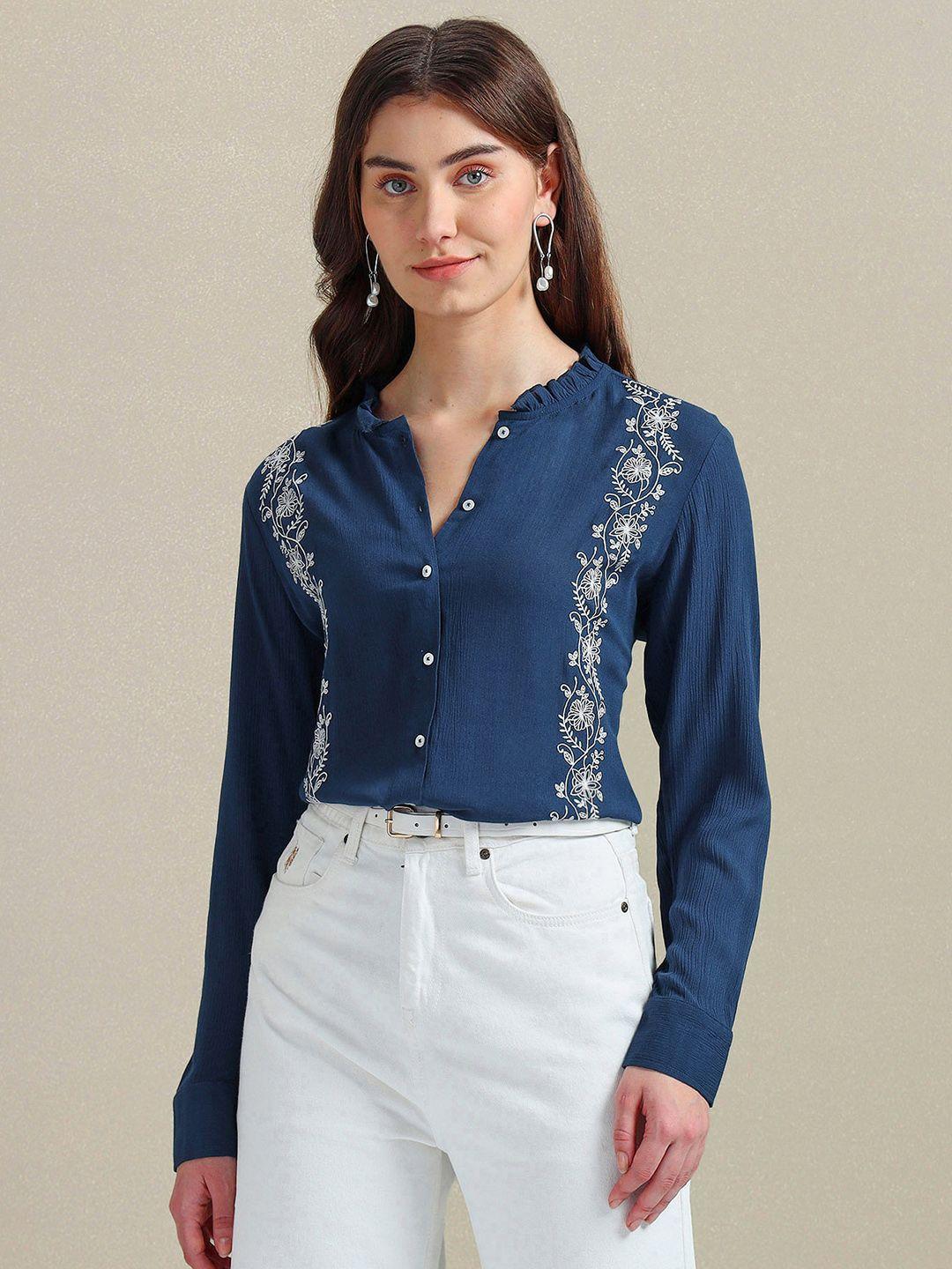 u.s. polo assn. women floral embroidered mandarin collar crepe shirt style top