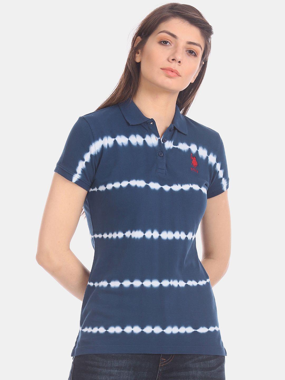 u.s. polo assn. women navy blue  white dyed polo collar pure cotton t-shirt