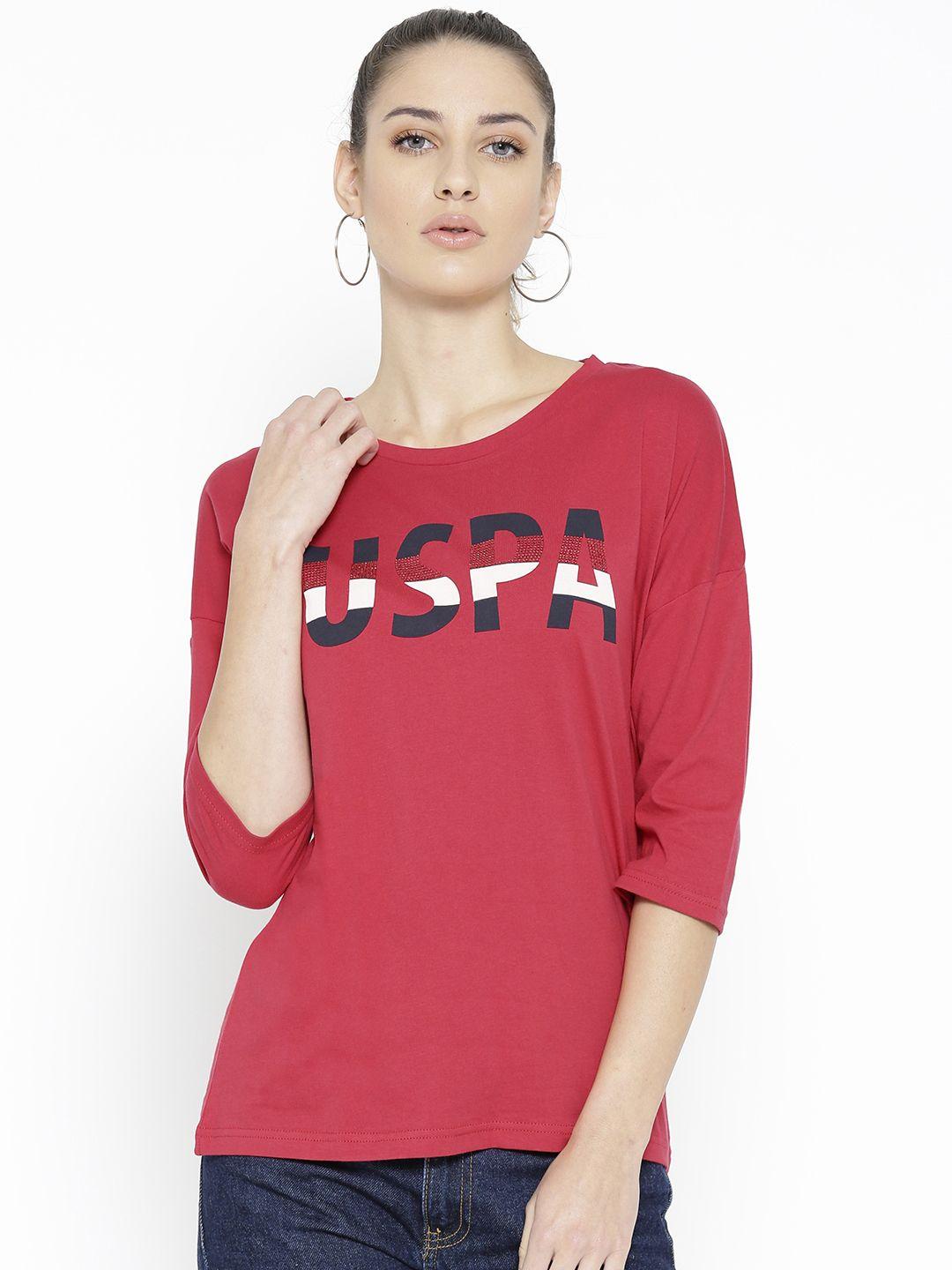 u.s. polo assn. women red printed detail round neck t-shirt