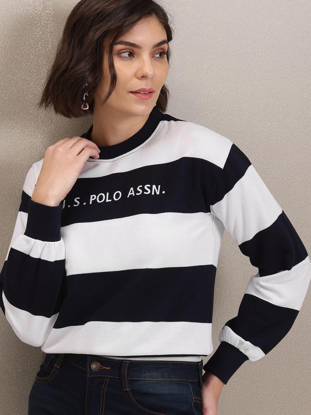 u.s. polo assn. women white & navy blue striped brand logo detail sweatshirt