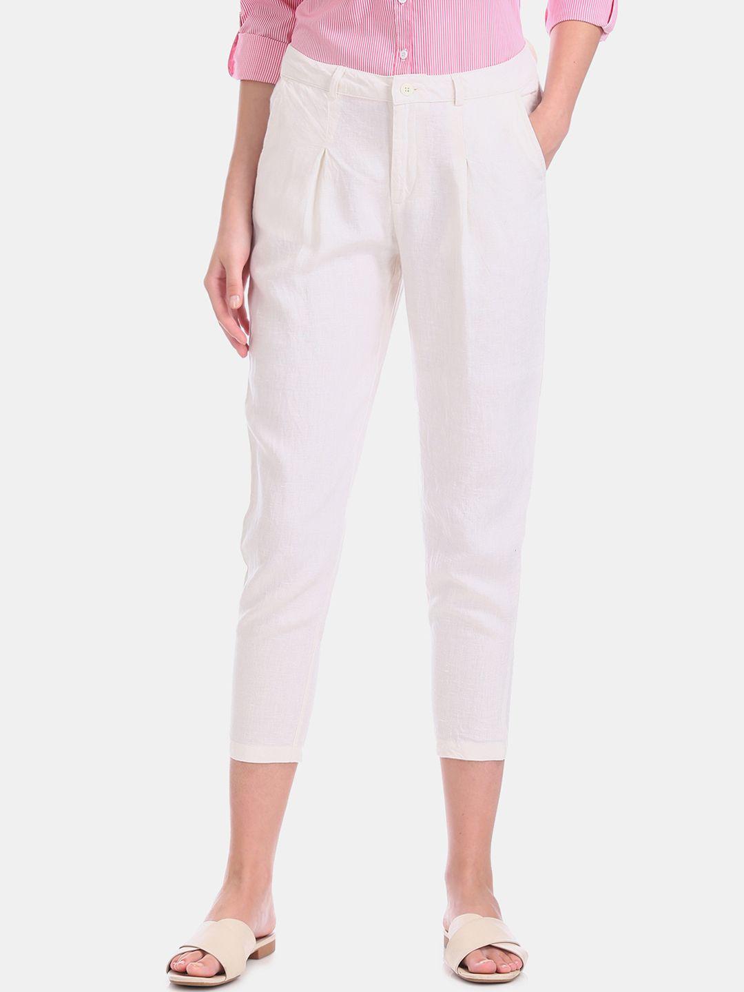 u.s. polo assn. women white straight fit solid three-fourth length peg linen trousers