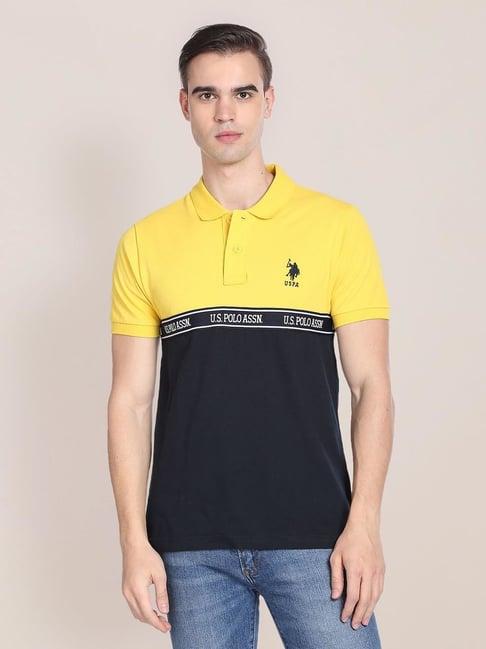 u.s. polo assn. yellow & black cotton regular fit colour block polo t-shirt